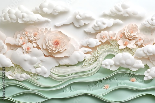 Illustration of floral paper art with clouds