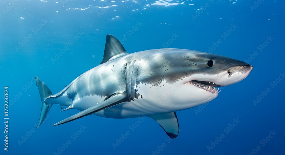 Naklejka premium Powerful great white shark glides through sunlit azure sea, mouth open, agile predator, streamlined
