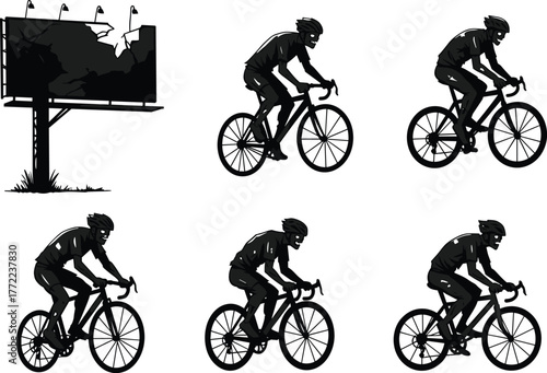 Cyclist silhouette riding racing bicycle near broken billboard, urban sport concept, fitness training vector illustration, black white style design for city scene