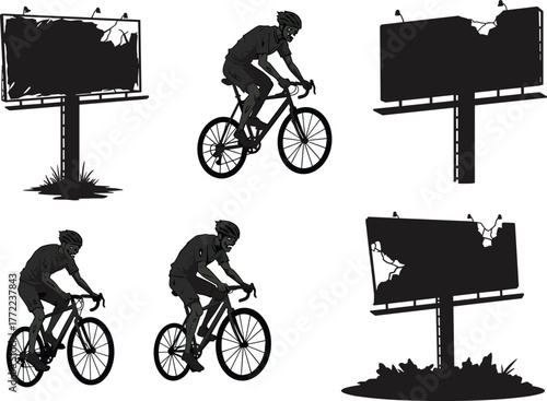 Cyclist silhouettes riding racing bikes near damaged billboards, urban decay scene, black vector illustration for sports, city environment, fitness, and street design