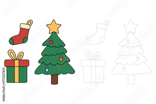 Christmas Socks Coloring Page. Christmas Tree Coloring Page. Gift box Coloring Page. Trace and Color Christmas Socks, Christmas Tree and Gift box. Printable Christmas Coloring Pages for Kids.