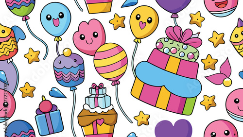 Fun hand drawn party seamless background with cakes, gift boxes on white.eps