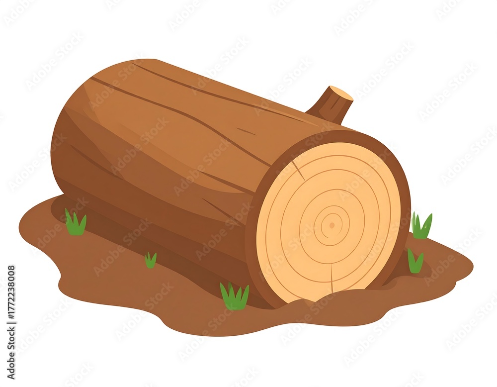 Obraz premium A cartoon depiction of a brown log lying on a patch of earth with small green grass