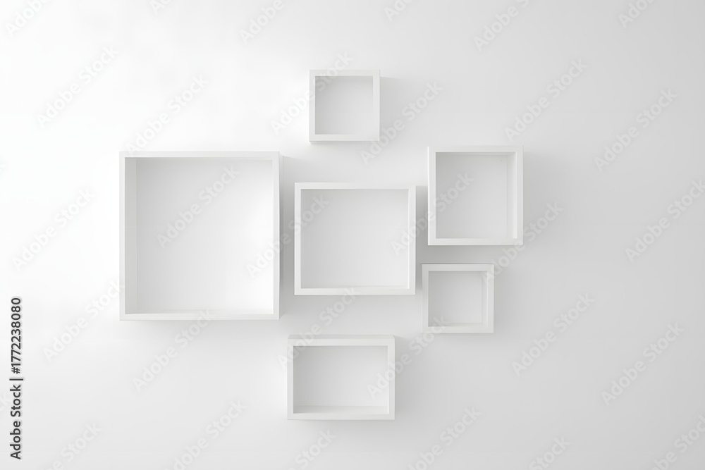 Fototapeta premium White square shelves on a white wall in a minimalist style for home decor idea