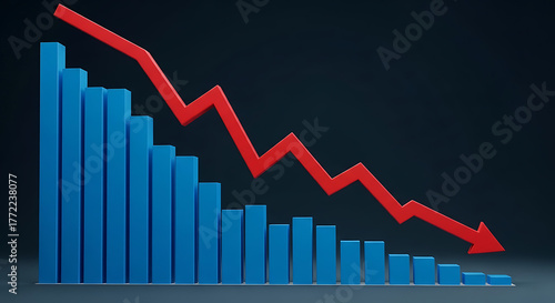 Dark gradient backdrop highlights a blue descending bar chart with a jagged red decline line across