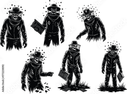 Eerie beekeeper in protective suit, surrounded by bees and scattered papers, black and white vector illustration, surreal concept, insect farming, cartoon style