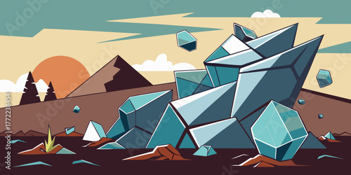 Broken glass rock formations in a stylized landscape at sunset  