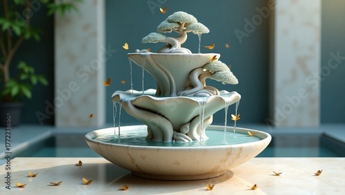 Elegant three-tiered decorative fountain with cherubic sculptures flowing water
