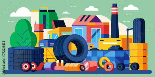 Colorful recycling plant with various tires and industrial structures  
