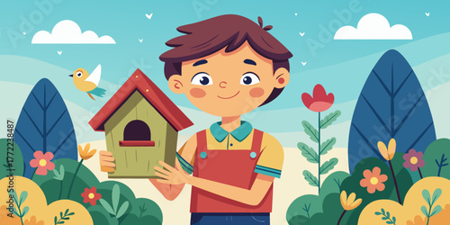 Young boy holding birdhouse with flowers and trees in garden  