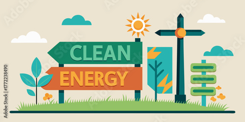 Clean energy signpost with sun and greenery in a modern style  