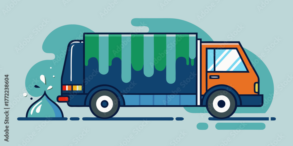 Fototapeta premium Leaking garbage truck with green waste spilling on the road 
