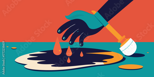 Hand cleaning oil spill with sponge on colorful background  