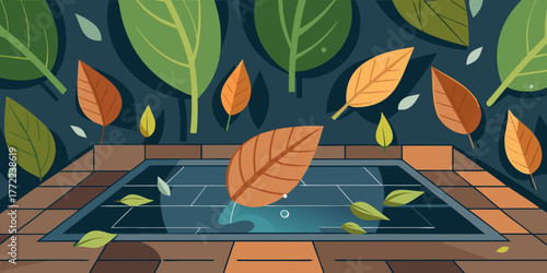 Leaves falling into a storm drain with patterned background  