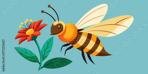 Cartoon bee flying near a red flower against a blue background  