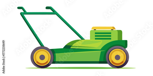 Manual lawn mower in green color with yellow details on white background  