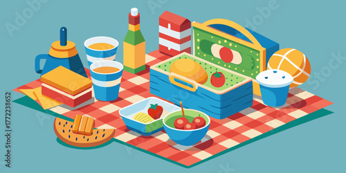 Picnic setup with food and drinks on checkered blanket outdoors  