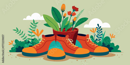 Colorful shoes used as planters with blooming flowers and greenery  