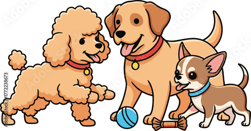 Diverse Dog Breeds Playing Together Vector Illustration: Poodle, Labrador, and Chihuahua