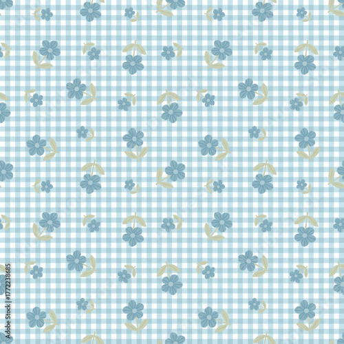 A seamless pattern of blue flowers and stripes with cute green stems and leaves. Blue and white checkered background for textiles, picnic mats, tablecloths, pillow and mattress covers, handkerchiefs