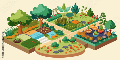 Permaculture garden layout with diverse plants and pathways  