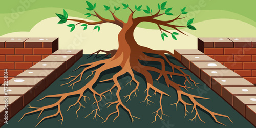 Tree roots breaking through sidewalk in urban environment  