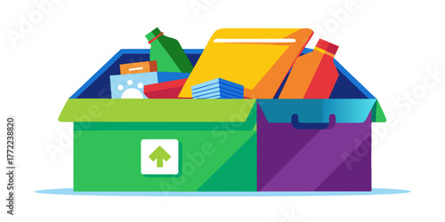 Colorful donation box filled with various items for charity  