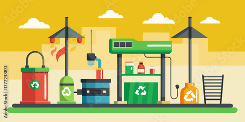 Recycling station for used oil with storage containers and labels  