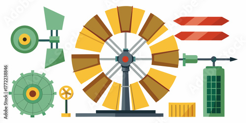 Windmill parts illustration with gears and fins in flat design  