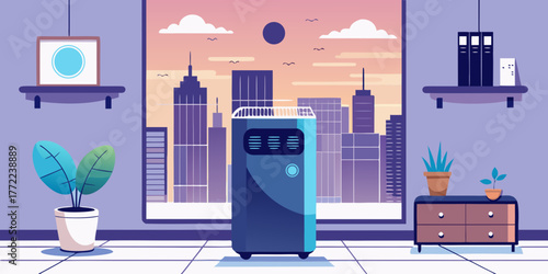 Air purifier in modern apartment with city skyline view  