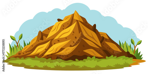 Wood chip mulch pile surrounded by grass and plants under blue sky  