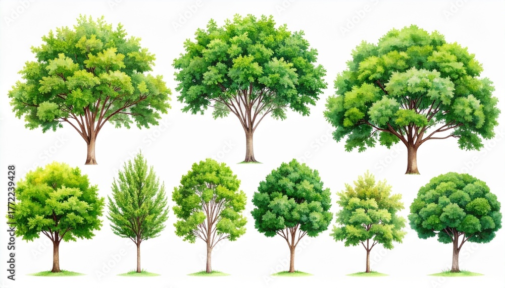 Fototapeta premium Large Watercolor Green Tree Set Broadleaf and Evergreen