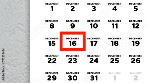 Close-up of the date December 16th marked with a red cursor on the wall calendar 2025