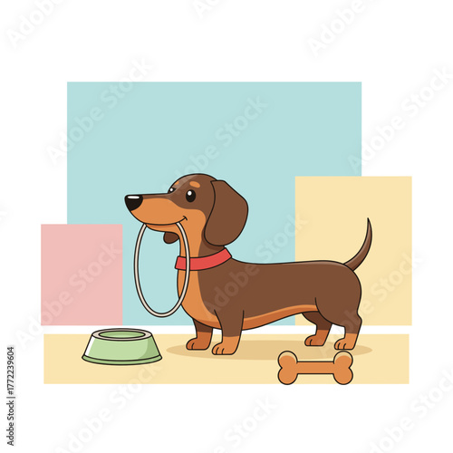 Cute dachshund standing with leash beside bowl and bone on pastel background  