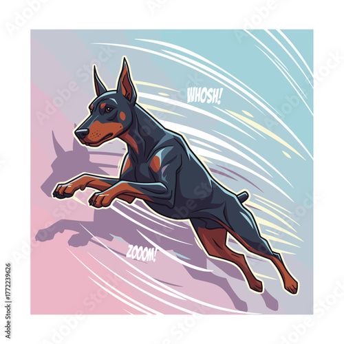 Doberman pinscher jumping in motion with dynamic background design  