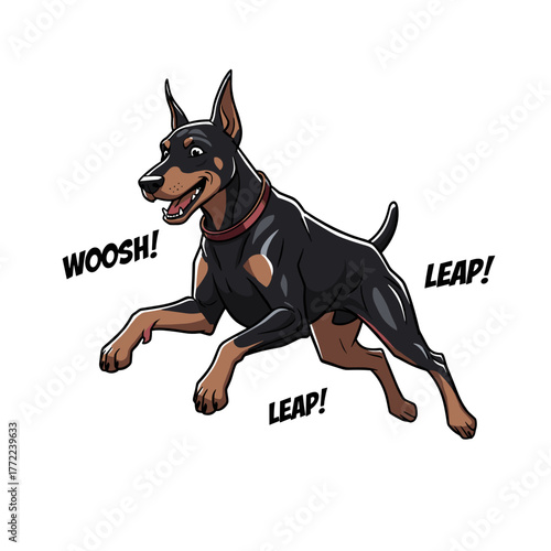 Cartoon Doberman pinscher dog leaping playfully with action words  