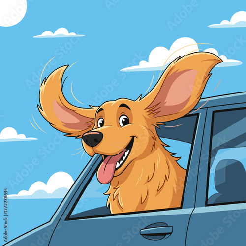 Happy dog with big ears enjoying car ride with head out window  