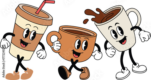 Three cartoon coffee cups walking together with happy expressions