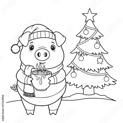 Pig with hat and scarf holding hot drink near christmas tree