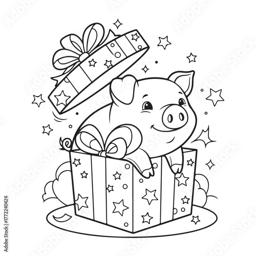 Piglet in a gift box with stars, outline drawing style art