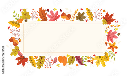 Autumn frame with watercolor leaves, branches and berries. Fall background. Vector illustration.