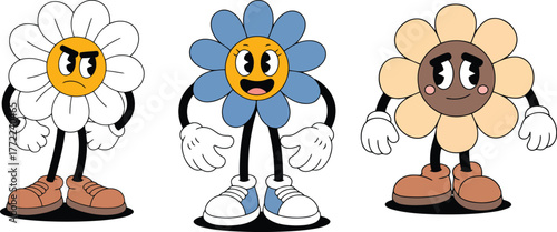 Three cartoon flowers with different expressions and colors