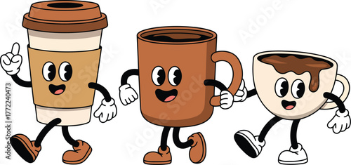 Three cartoon coffee cups with arms and legs walking together