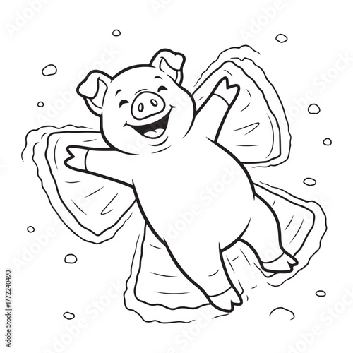 A pig making a snow angel in a black and white illustration