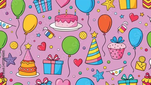 Seamless pattern of birthday party decorations, Christmas, and birthday wrapping paper.