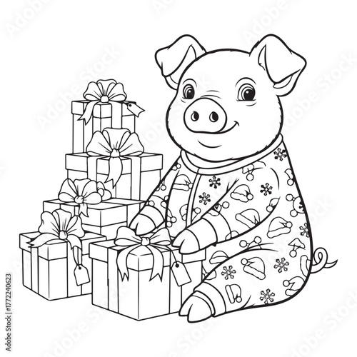 Pig in pajamas with christmas gifts coloring page outline