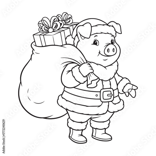 Cartoon pig santa carrying gifts in black and white outline