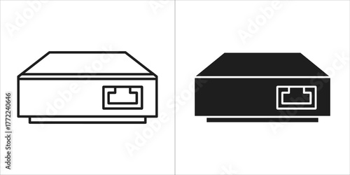 Front view of a modem or router in black and white