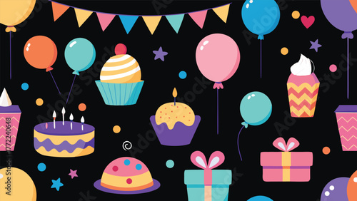 Seamless pattern of birthday party decorations such as cake, balloons, presents, cupcakes, and flags on black