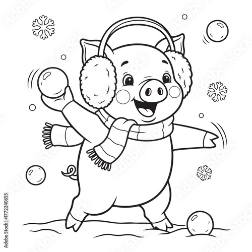 Cartoon pig playing in the snow with earmuffs and scarf